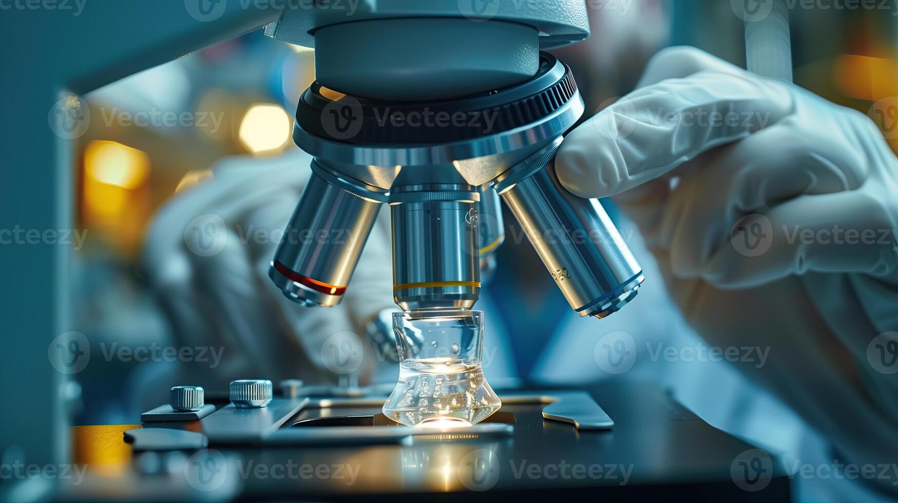ai genererad forskare arbetssätt med mikroskop i laboratorium, närbild. vetenskap, kemi, biologi, medicin och människor begrepp foto
