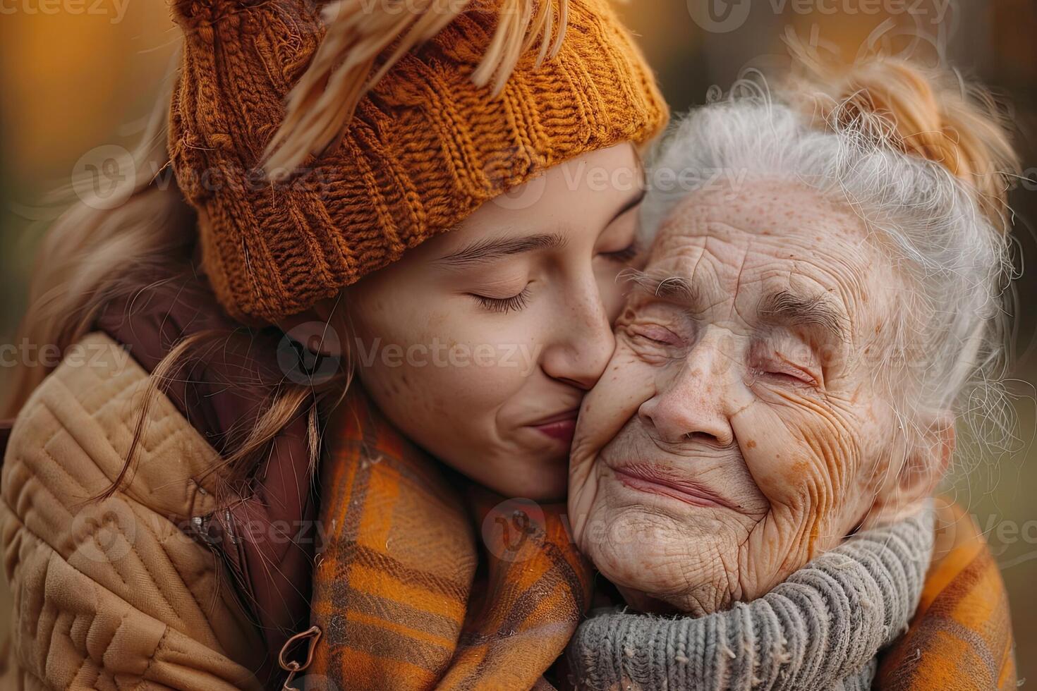 ai genererad porträtt av en söt liten flicka kissing henne mormor i de kind. mors dag foto