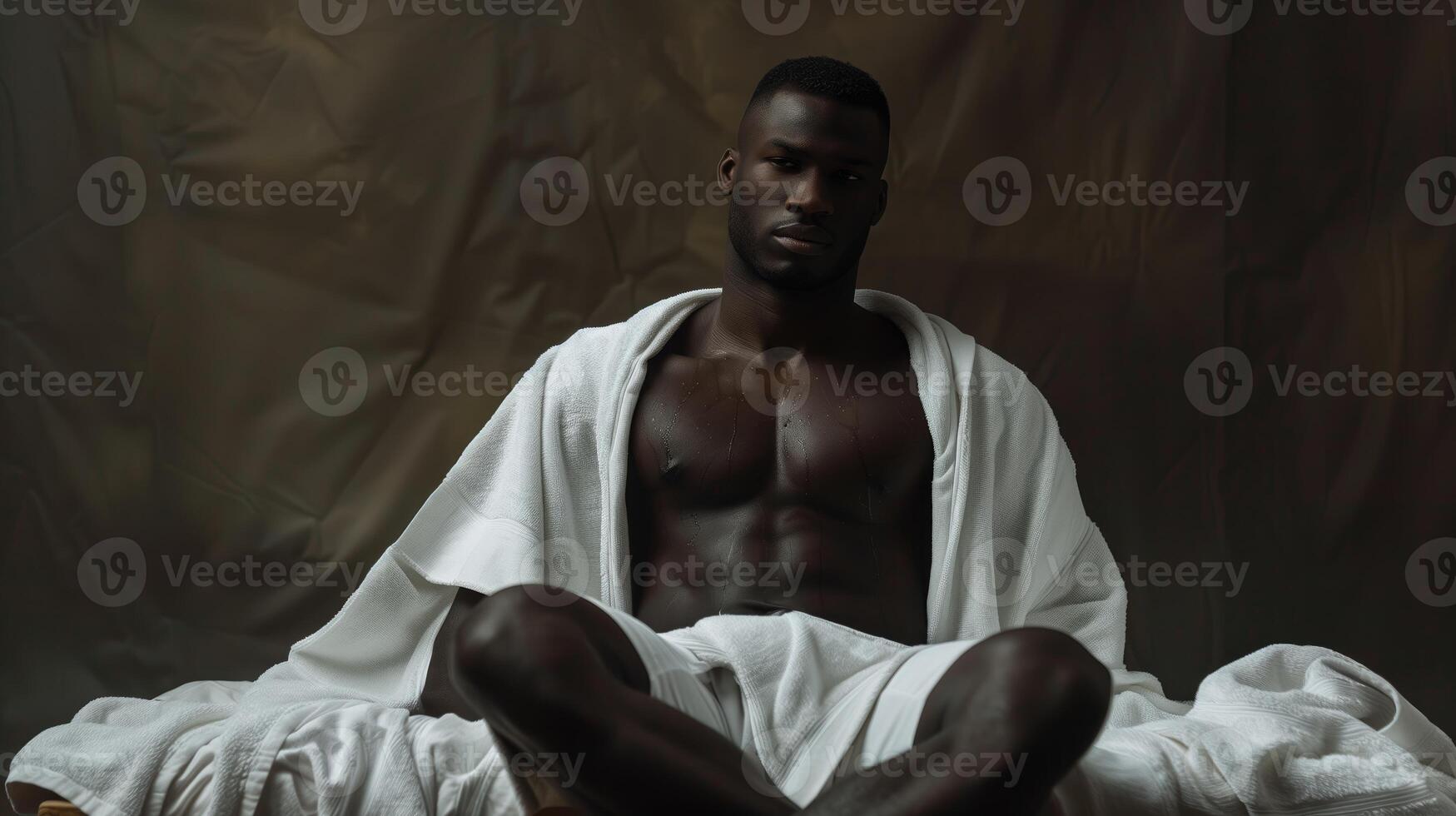 ai genererad stilig afrikansk amerikan man i vit handduk Sammanträde på säng och ser på kamera foto