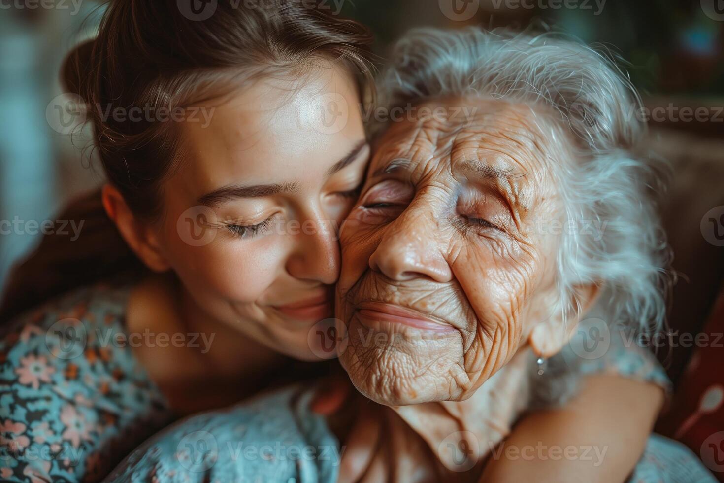 ai genererad närbild porträtt av en Lycklig senior kvinna med henne barnbarn. mors dag foto