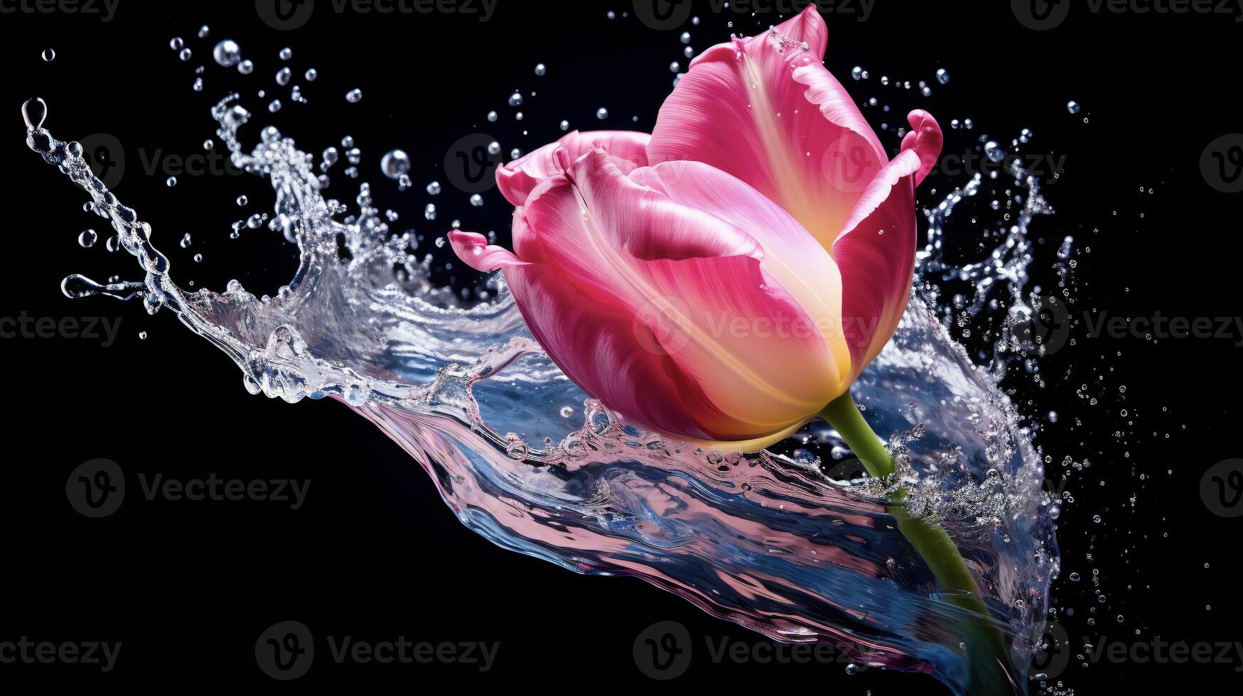 ai genererad en rosa tulpan är stänk vatten i de luft foto