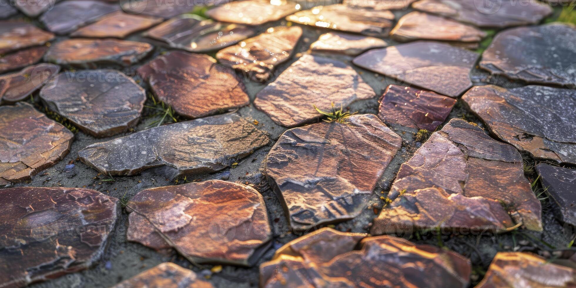 ai genererad närbild av utomhus- golv tillverkad med oregelbunden porfyr plattor, skapande en naturlig och rustik estetisk foto