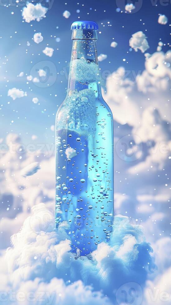 ai genererad en glas öl flaska och en klar dryck flaska fylld med ljus, ljus blå mjuk dryck flytande foto