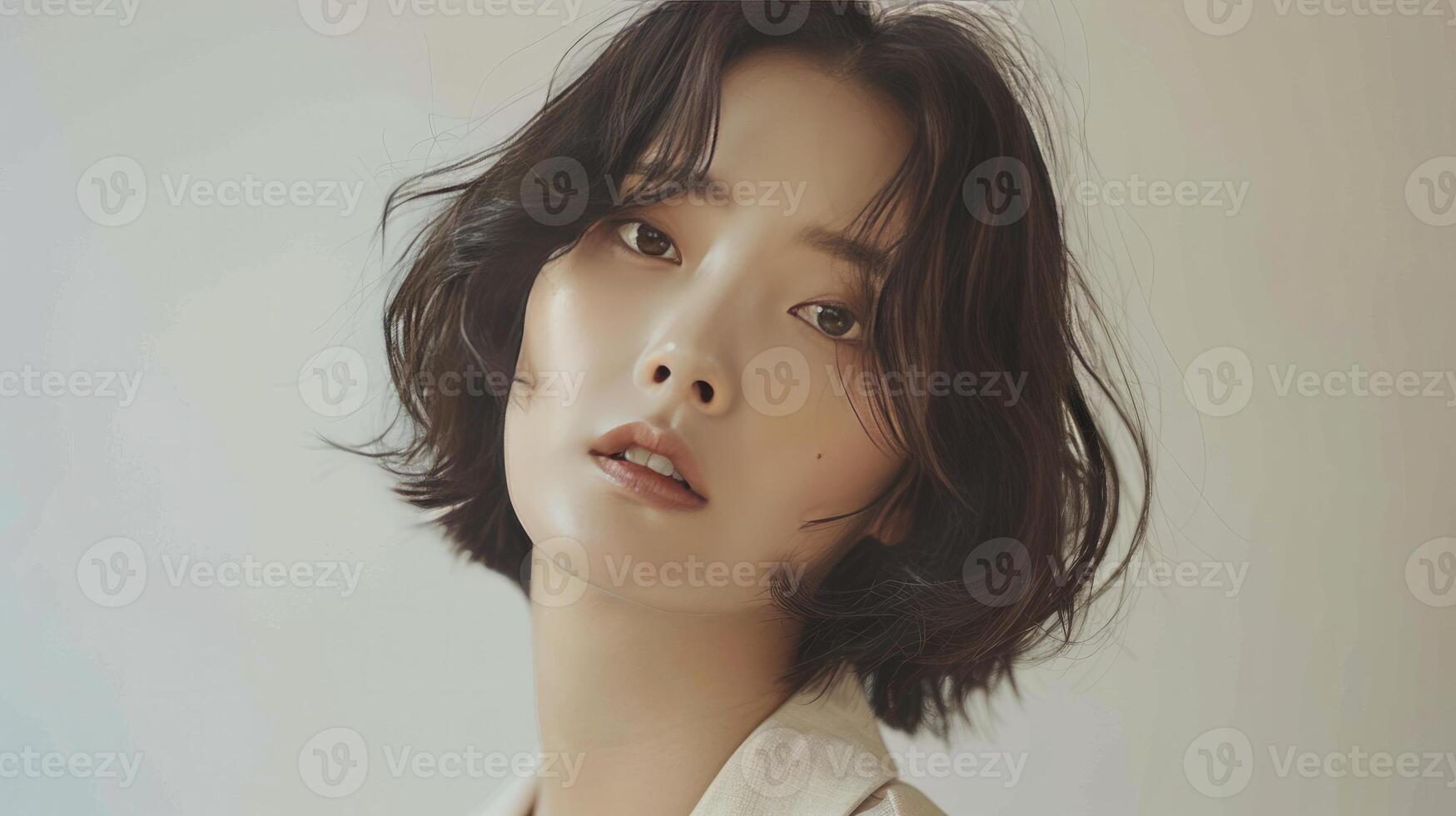 ai genererad koreanska kvinnor modell, 30 år gammal, sportslig en leende uttryck, med skön ögon och en hetero guppa frisyr foto