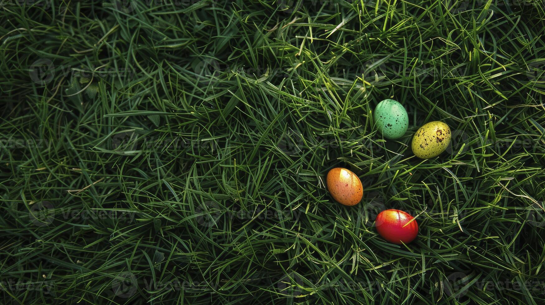 ai genererad färgrik påsk ägg på de grön gräs foto