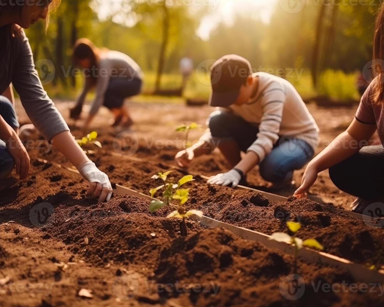 ai genererad människor plantering plantor i trädgård foto