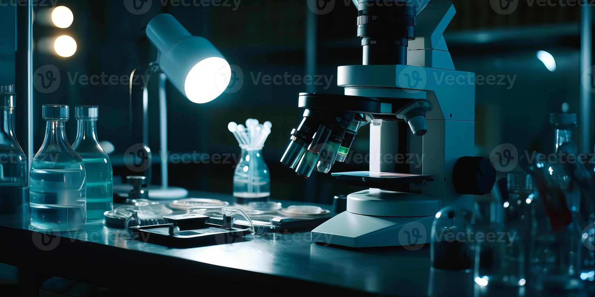 ai genererad mikroskop och Övrig Utrustning i laboratorium foto