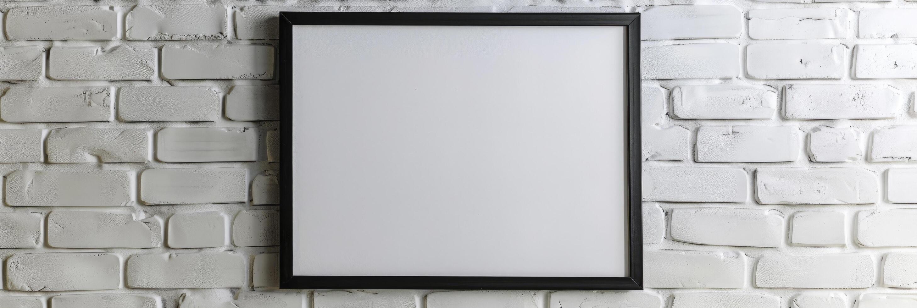 ai genererad minimalistisk elegans, tom svart monterad porträtt ram mot en vit tegel vägg foto