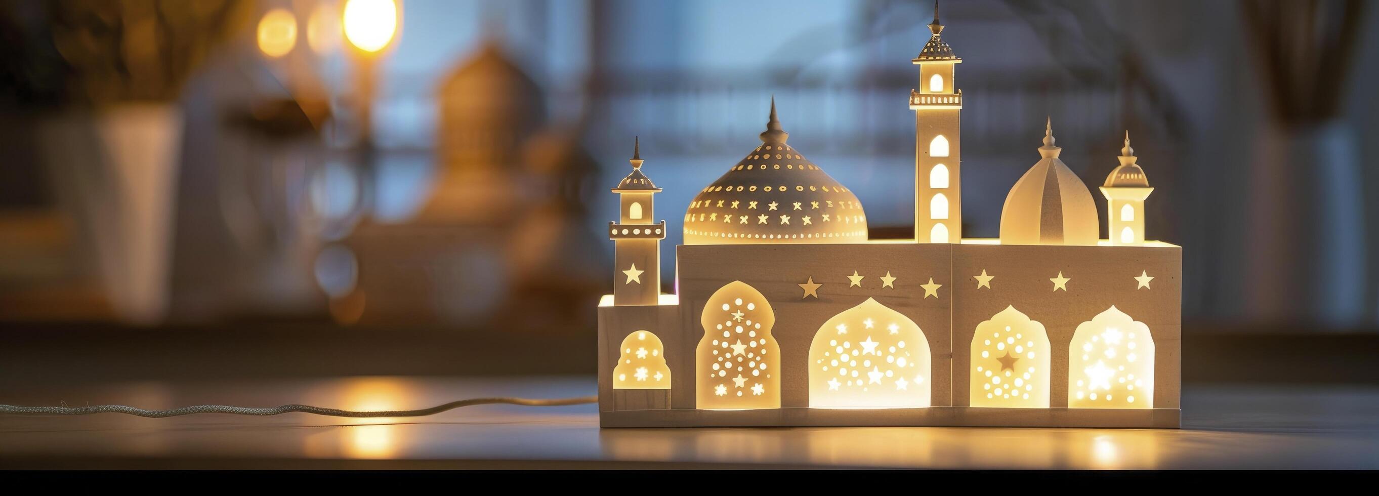 ai genererad ett förtjusande ljus låda med stjärnor på de sida, i de stil av islamic konst och arkitektur. foto