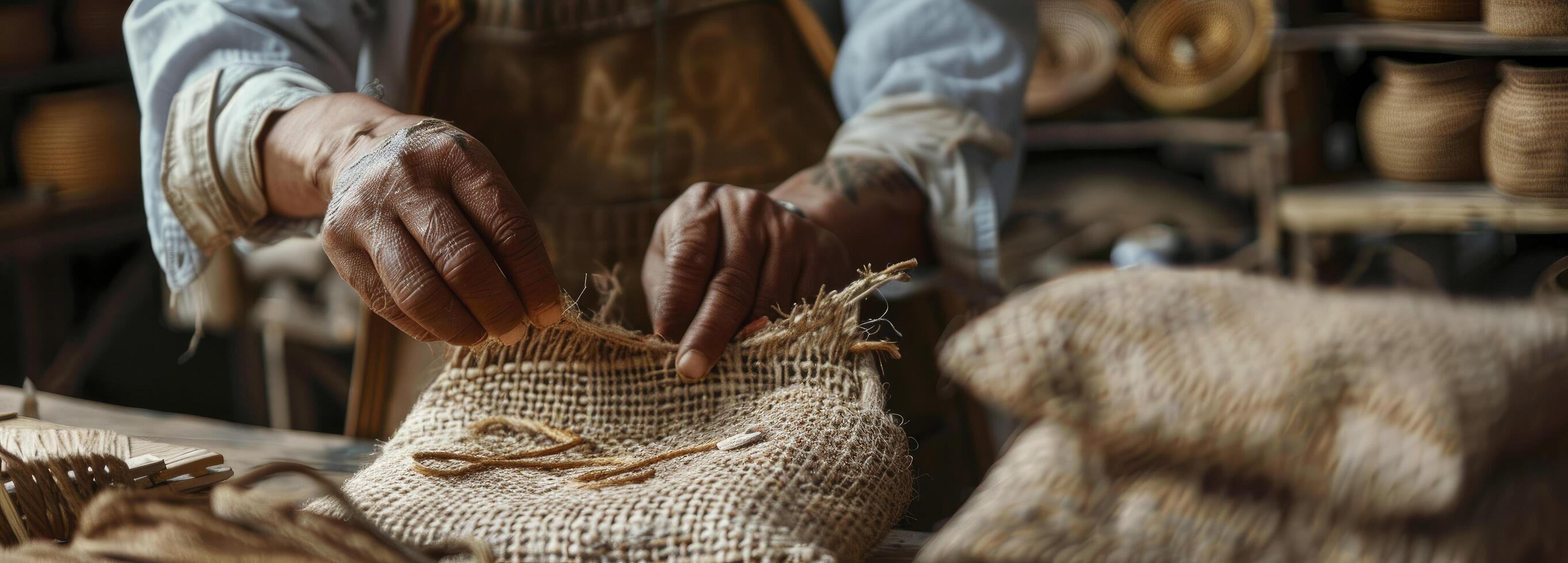 ai genererad en tillverkare skapande en jute väska förbi hand, handgjort begrepp foto