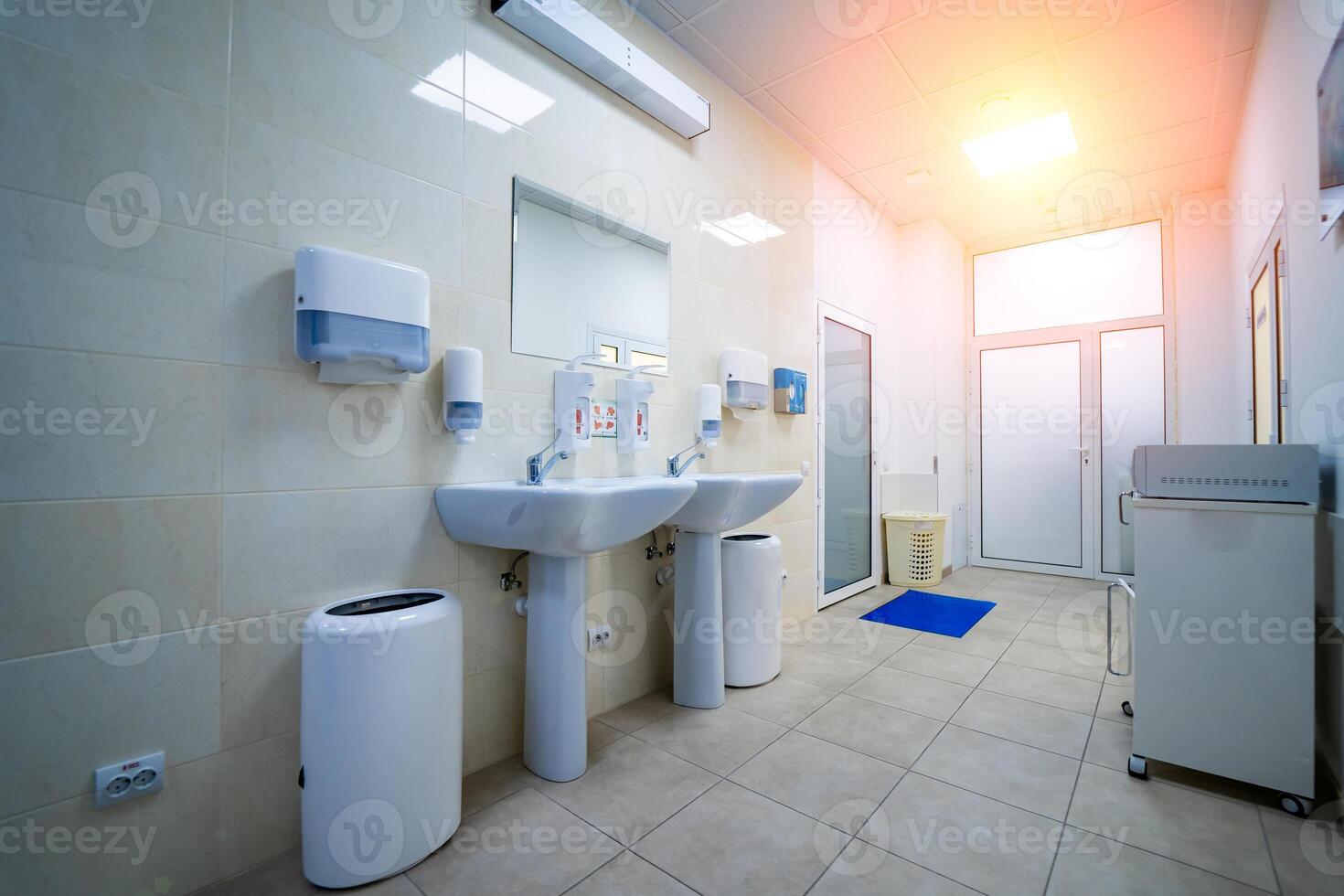 rena offentlig sjukhus badrum med ledstång tvål och papper handduk dispenser. foto