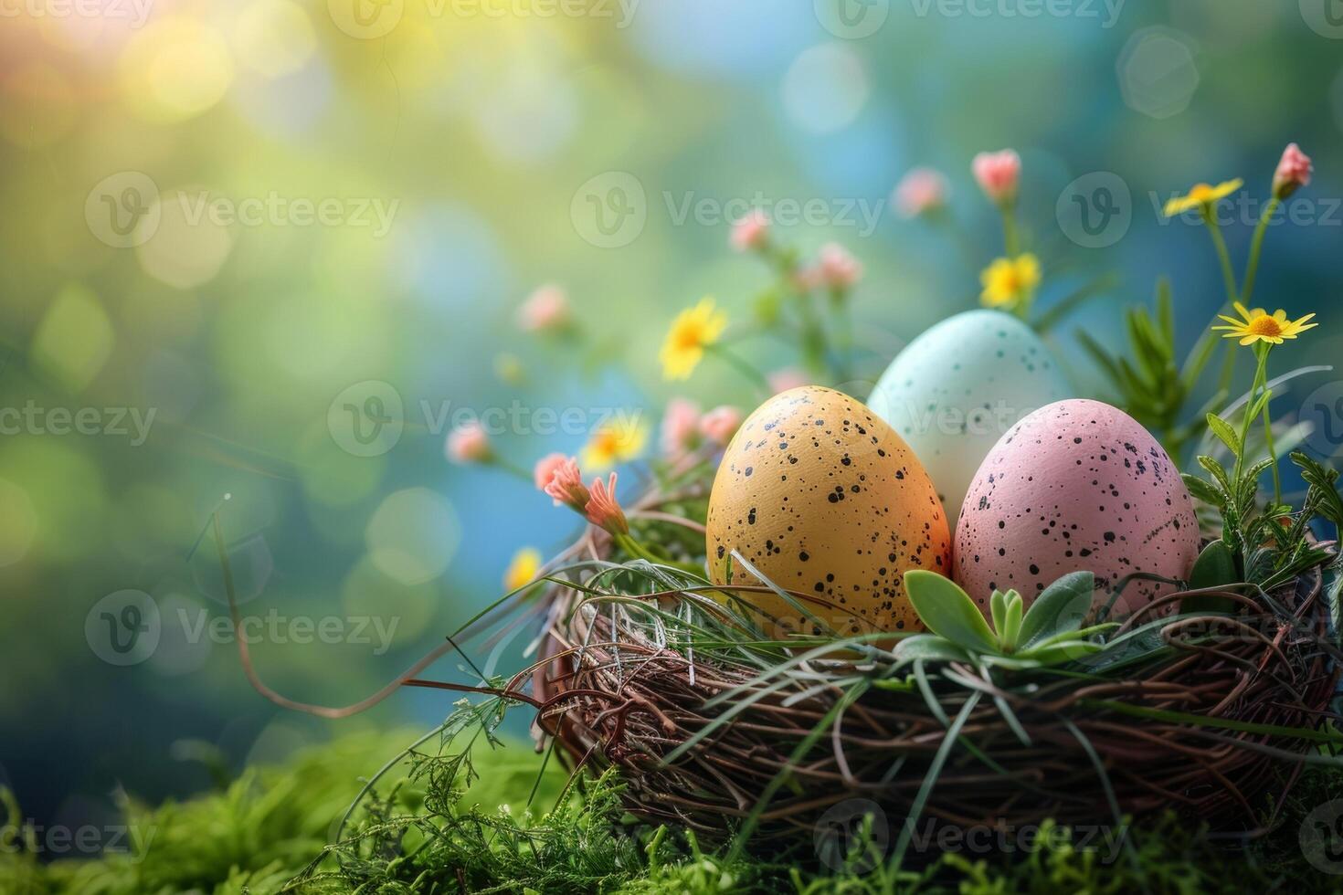 ai genererad färgrik påsk ägg dekorerad med mönster vilar på vibrerande vår gräs mitt i vildblommor, badade i solljus foto