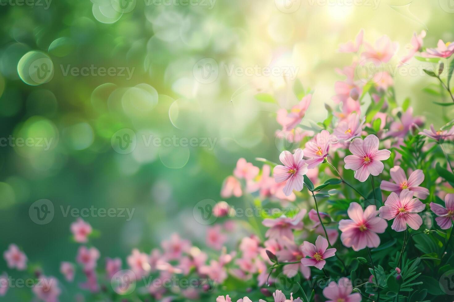 ai genererad frodig blommig scener visa upp en mängd av blommar i mjuk, strålnings ljus med en bokeh bakgrund foto