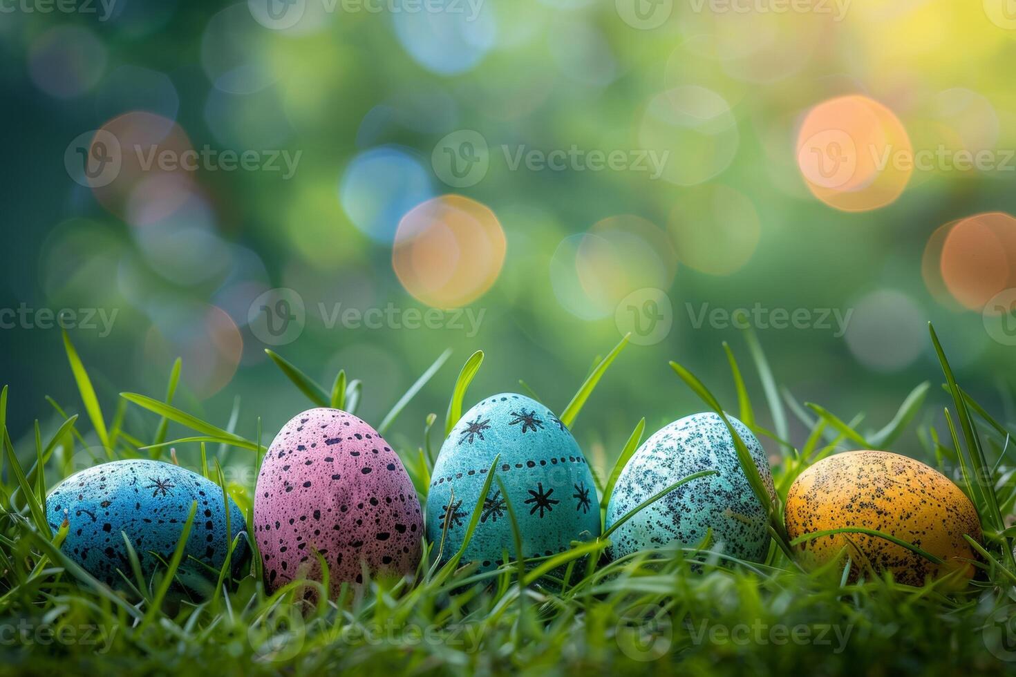 ai genererad färgrik påsk ägg dekorerad med mönster vilar på vibrerande vår gräs mitt i vildblommor, badade i solljus foto