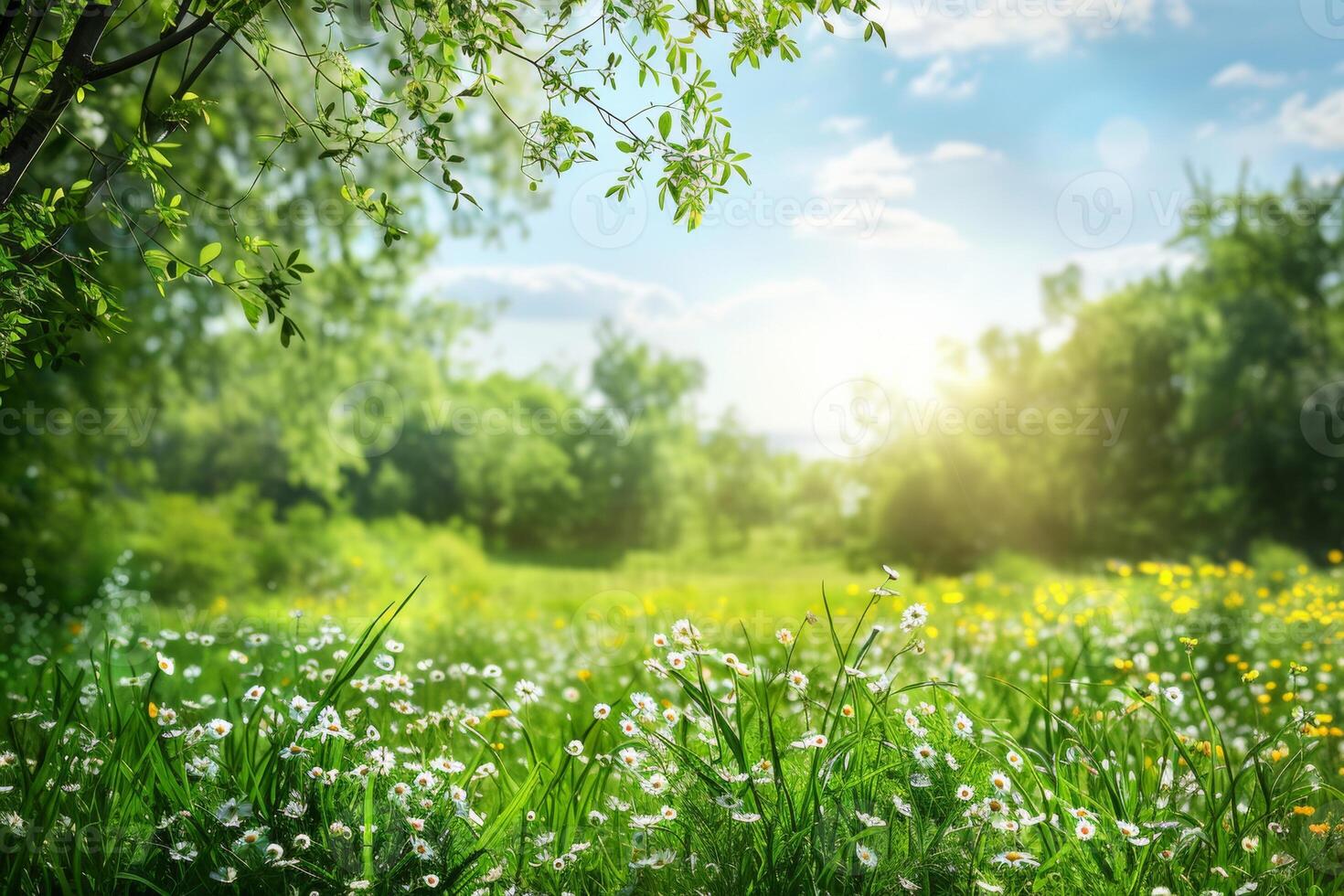 ai genererad frodig blommig scener visa upp en mängd av blommar i mjuk, strålnings ljus med en bokeh bakgrund foto