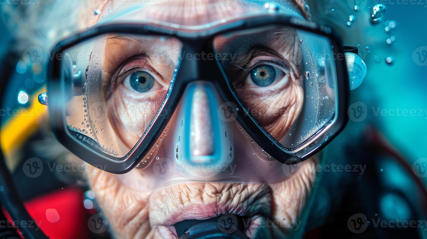 ai genererad senior kvinna dykning dykare foto