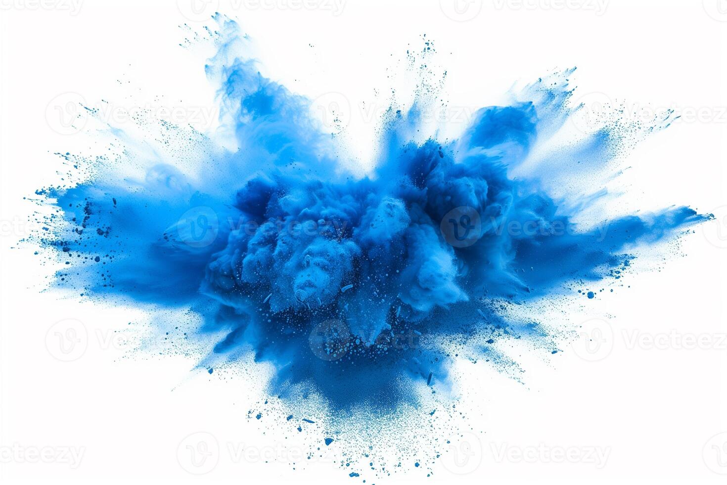 ai genererad en dynamisk och vibrerande explosion av blå pulver skapande ett abstrakt moln, isolerat på en vit bakgrund, frammanande en känsla av rörelse och energi. foto