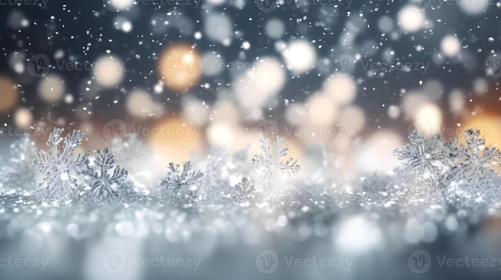 ai genererad jul bakgrund med snöflingor och bokeh foto