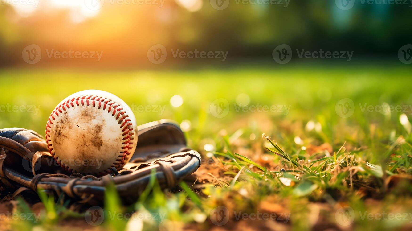 ai genererad baseboll handske och boll på gräs fält foto