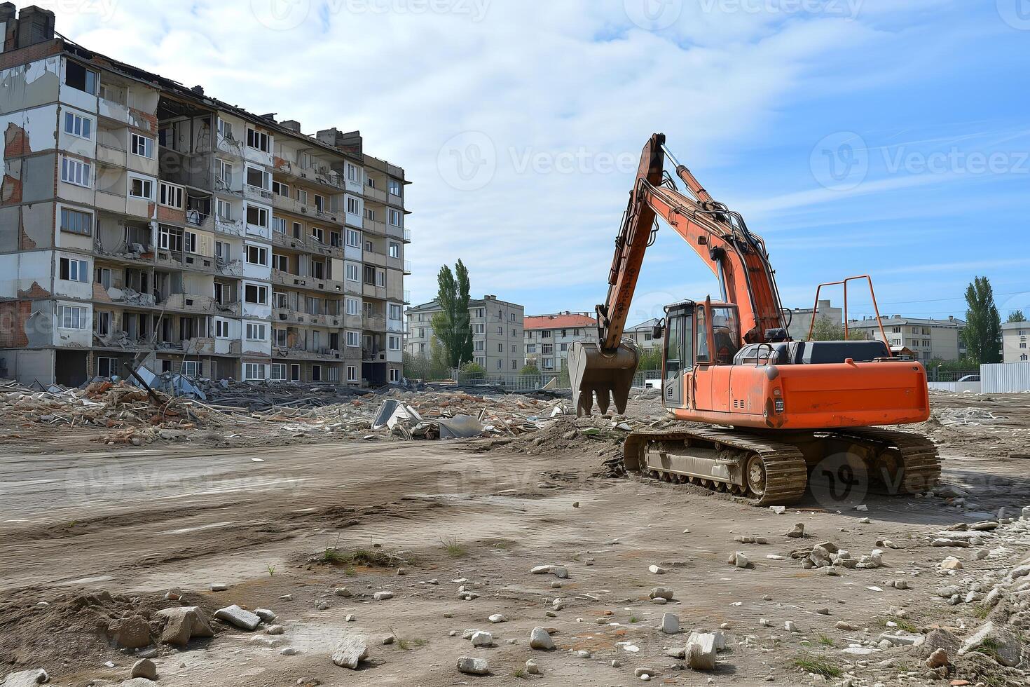 ai genererad grävmaskin nära förstörd hus i de stad efter krig. foto