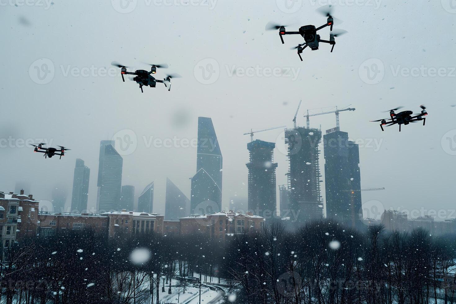 ai genererad grupp av drönare över stad på vinter- dag eller morgon- foto