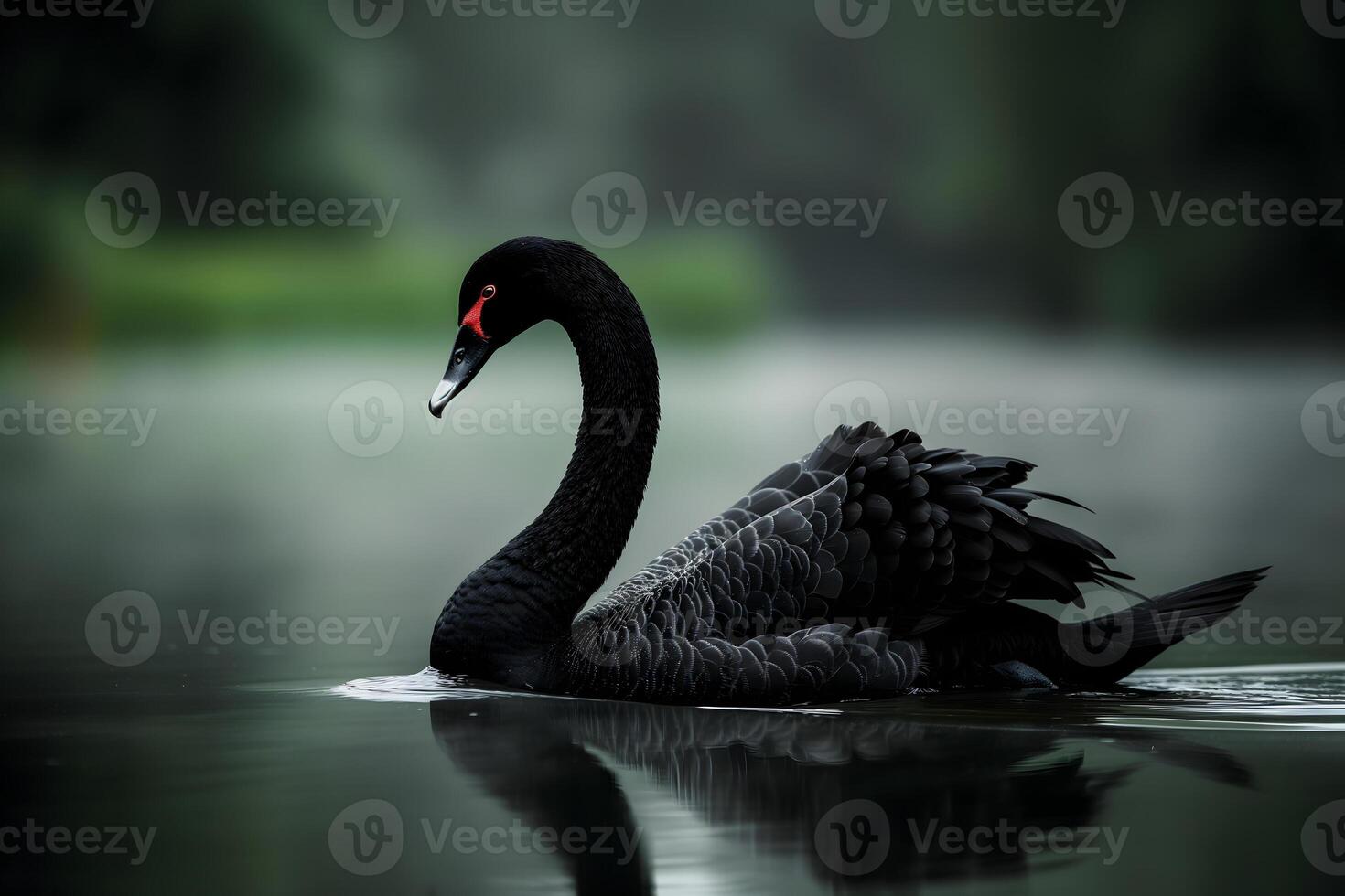 ai genererad svart svan på vatten yta, stänga upp foto