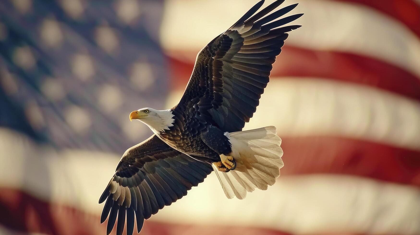 ai genererad majestätisk Örn stigande mot de amerikan flagga, symboliserar styrka och enhet i firande av oberoende dag. foto
