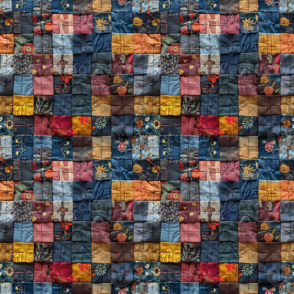 ai genererad sömlös textil- bakgrund, färgrik patchwork täcke tillverkad från bitar av tyg foto