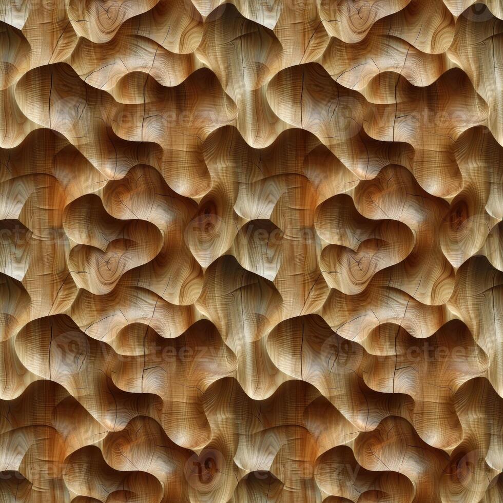 ai genererad sömlös bakgrund, abstrakt Vinka mönster ristade på en trä- yta foto
