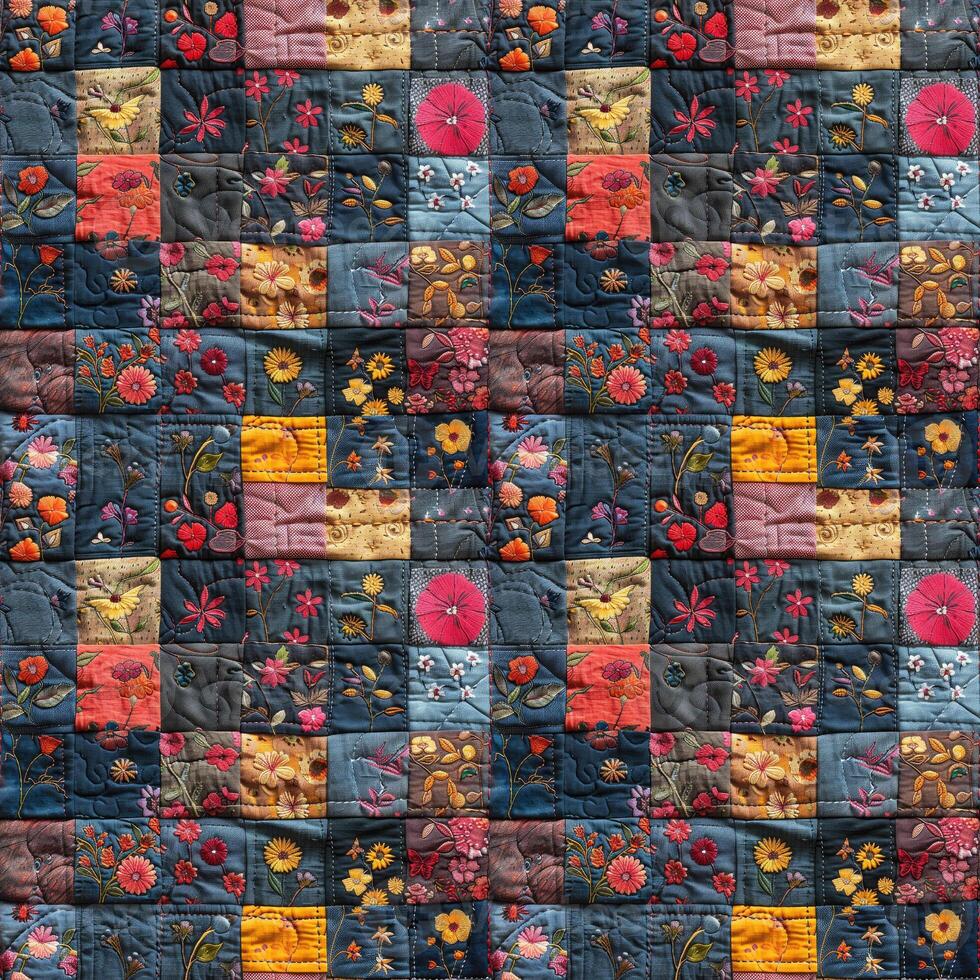 ai genererad sömlös textil- bakgrund, färgrik patchwork täcke tillverkad från bitar av tyg foto