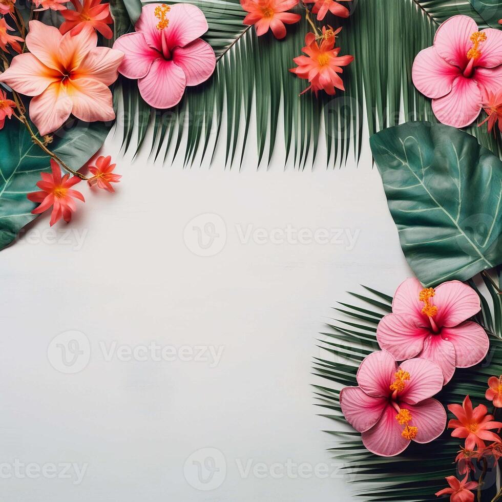 ai genererad mörk tropisk löv och rosa blommor på de vit bakgrund. ai genererad Foto topp se mall med botanisk gräns och kopia Plats
