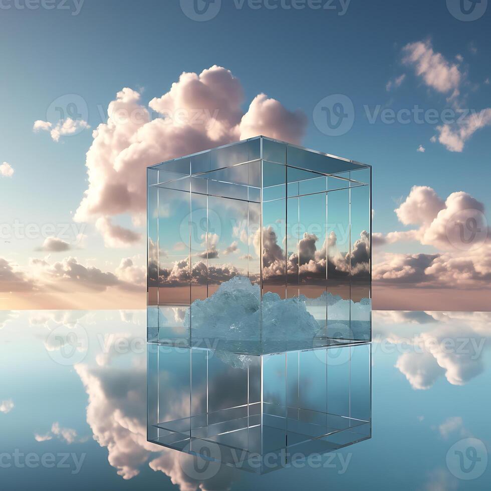ai genererad abstrakt scen med glas kub och moln på blå himmel reflekterad i vatten foto