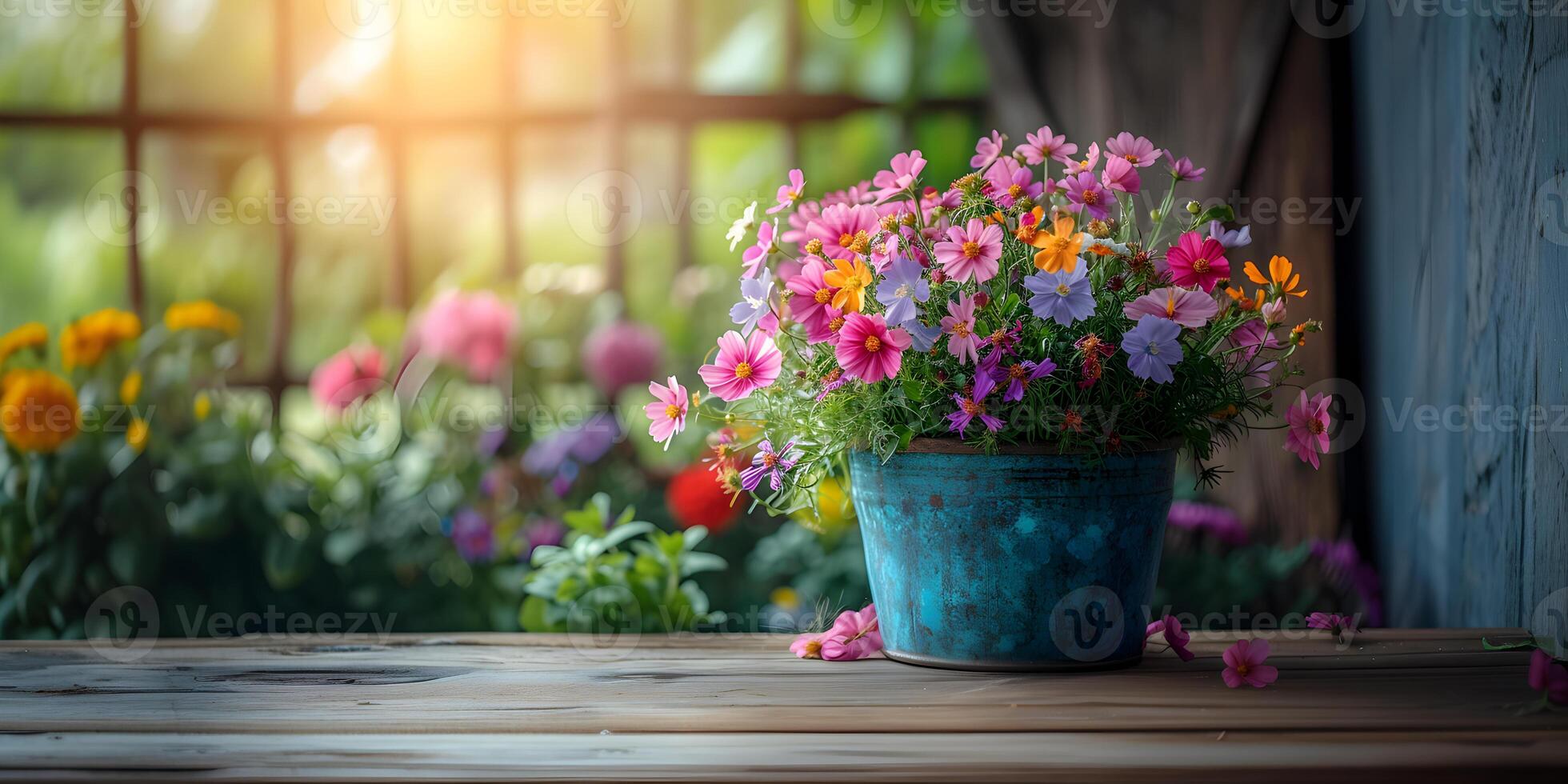 ai genererad färgrik trädgård blommor kastruller på trä- tabell. trädgårdsarbete bakgrund attrapp begrepp med kopia Plats. foto