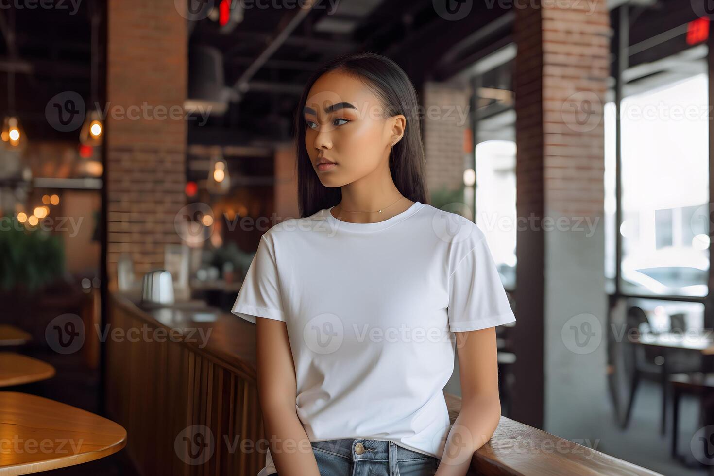 ai genererad ung kvinna bär bella duk vit t skjorta och jeans, på en mysigt restaurang på somrar dag. design tshirt mall, skriva ut presentation mockup. foto