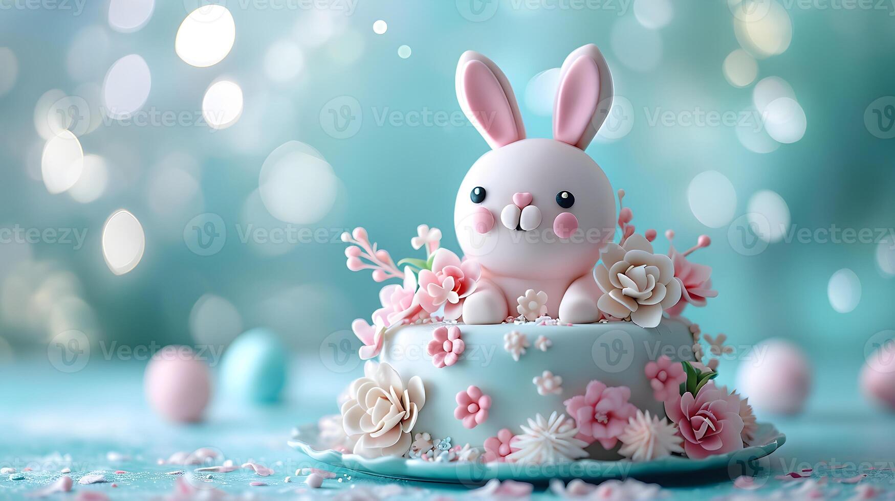 ai genererad påsk kaka dekorerad med kanin och blommor foto