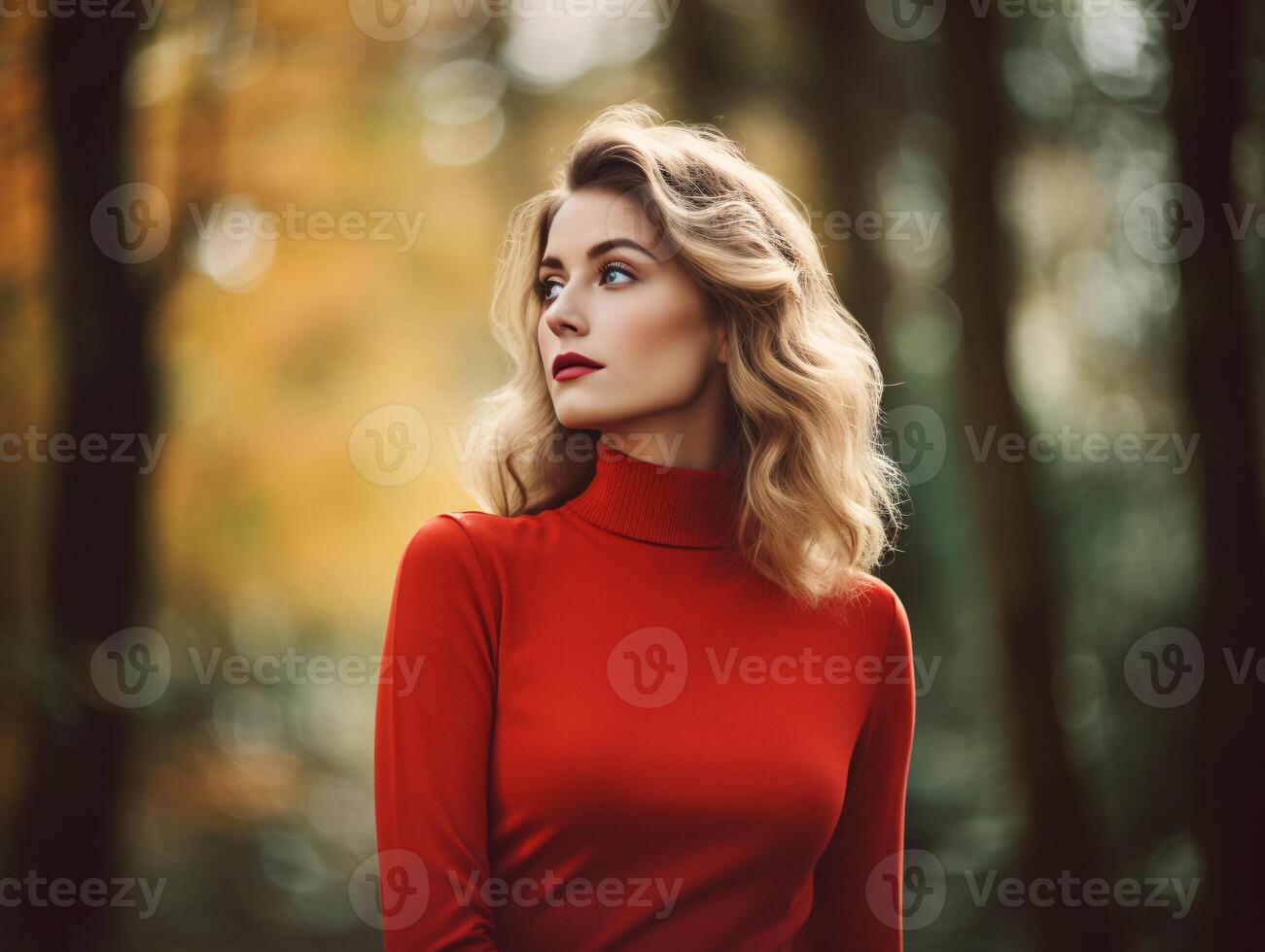 ai genererad porträtt av eleganta kvinna i röd hoppare Framställ i höst skog bakgrund. höst elegans. kvinna mode modell i natur. ung lady poser mitt i höst lövverk. falla mode trender. foto