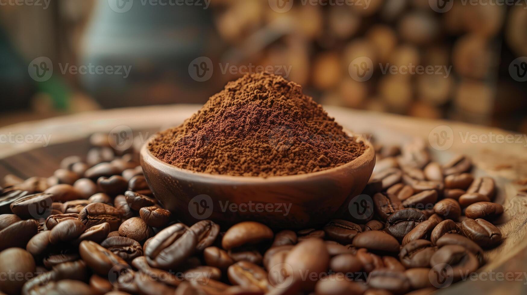 ai genererad rostad kaffe bönor och jord kaffe i trä- skål på trä- bakgrund foto
