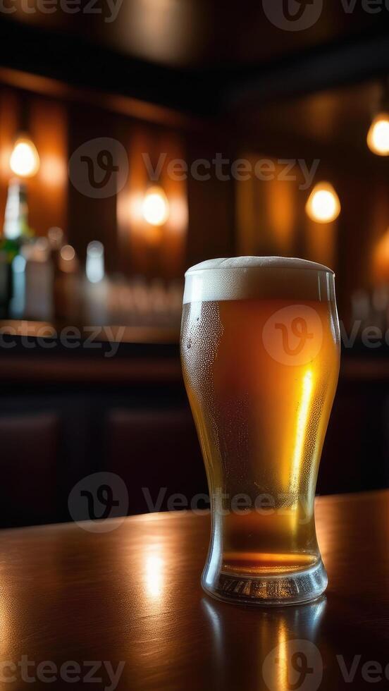 ai genererad öl glas på de bar disken. suddig lynnig mörk bakgrund, selektiv fokus foto