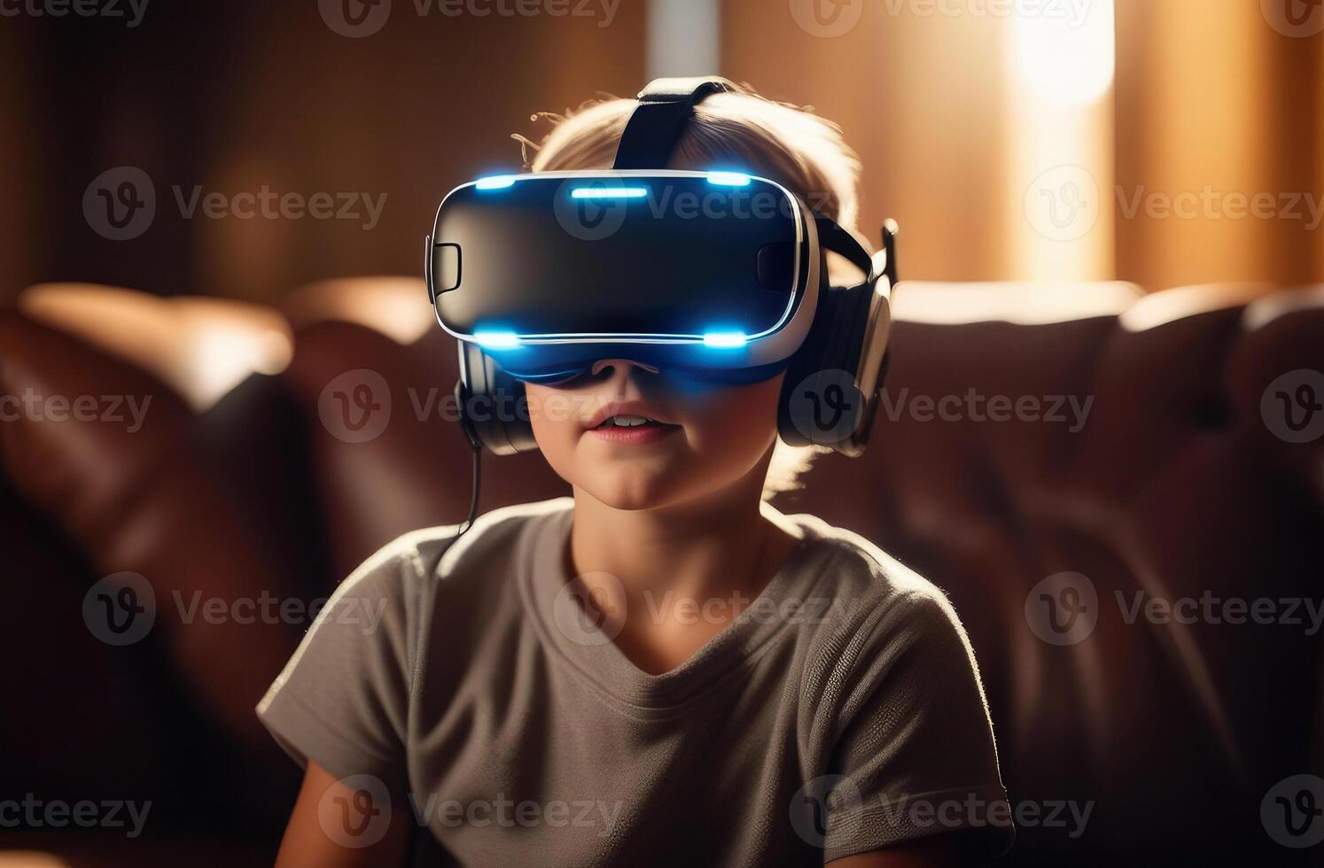 ai genererad en barn i en vr hjälm interagerar med virtuell tecken och Övrig barn i virtuell verklighet, skapande ett atmosfär av spela och kommunikation foto