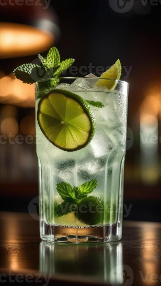 ai genererad glas av mojito cocktail dekorerad med kalk på bar disken, suddig lynnig mörk bakgrund, selektiv fokus foto