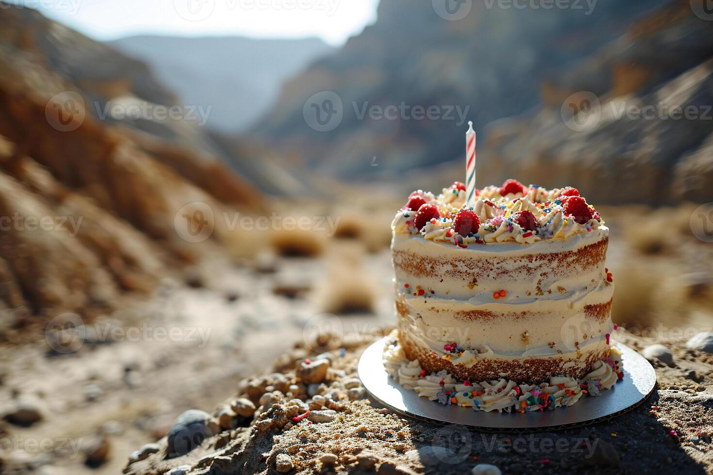 ai genererad de födelsedag kaka står på stenar mot de bakgrund av suddig berg. genererad förbi artificiell intelligens foto