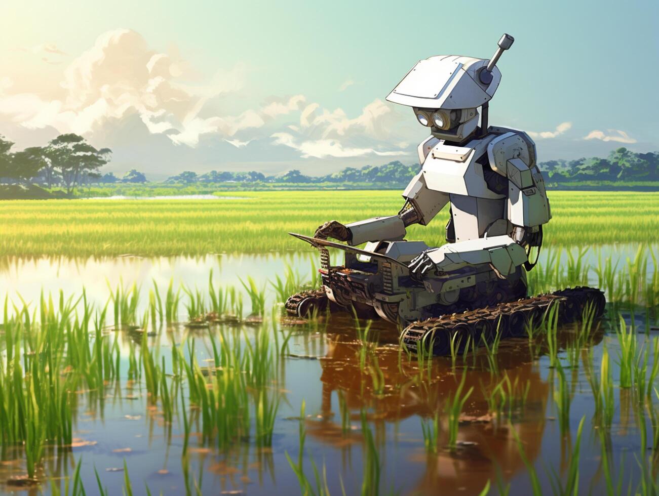 ai genererad en robot är plantering ris i de ris fält. jordbruk grön teknologi ai generativ foto