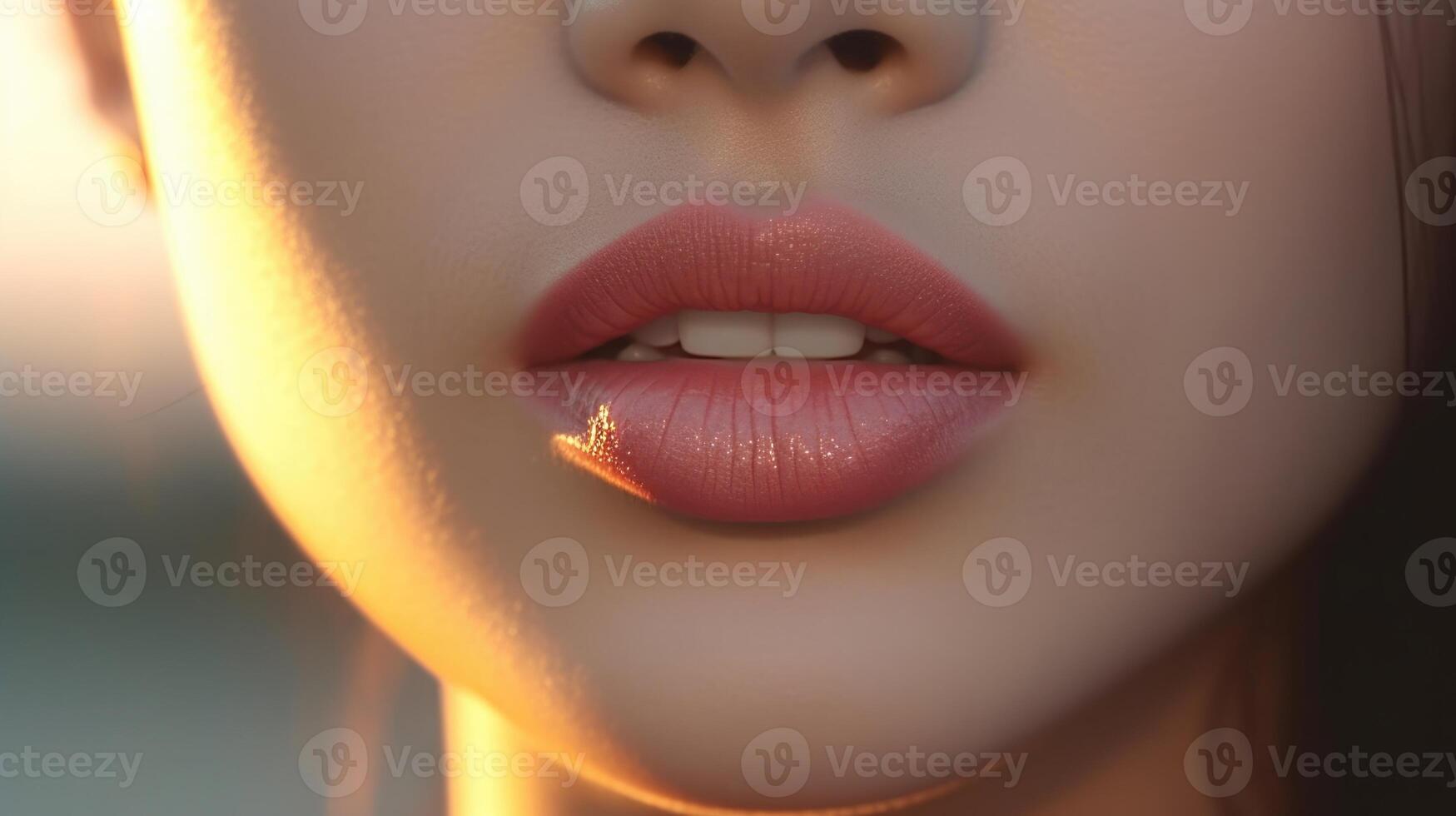 ai genererad stänga upp porträtt av en kvinna röd mun hud vård, ai foto