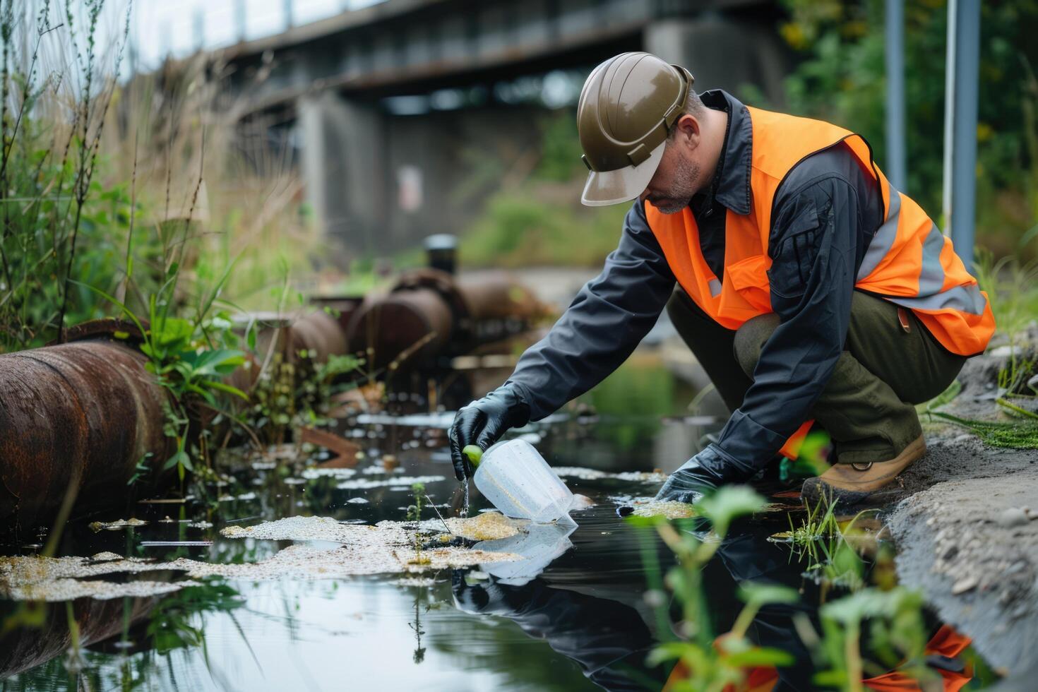 ai genererad forskare under vatten analys och vatten kvalitet förbi skaffa sig avfall vatten till kolla upp fall förorening problem foto