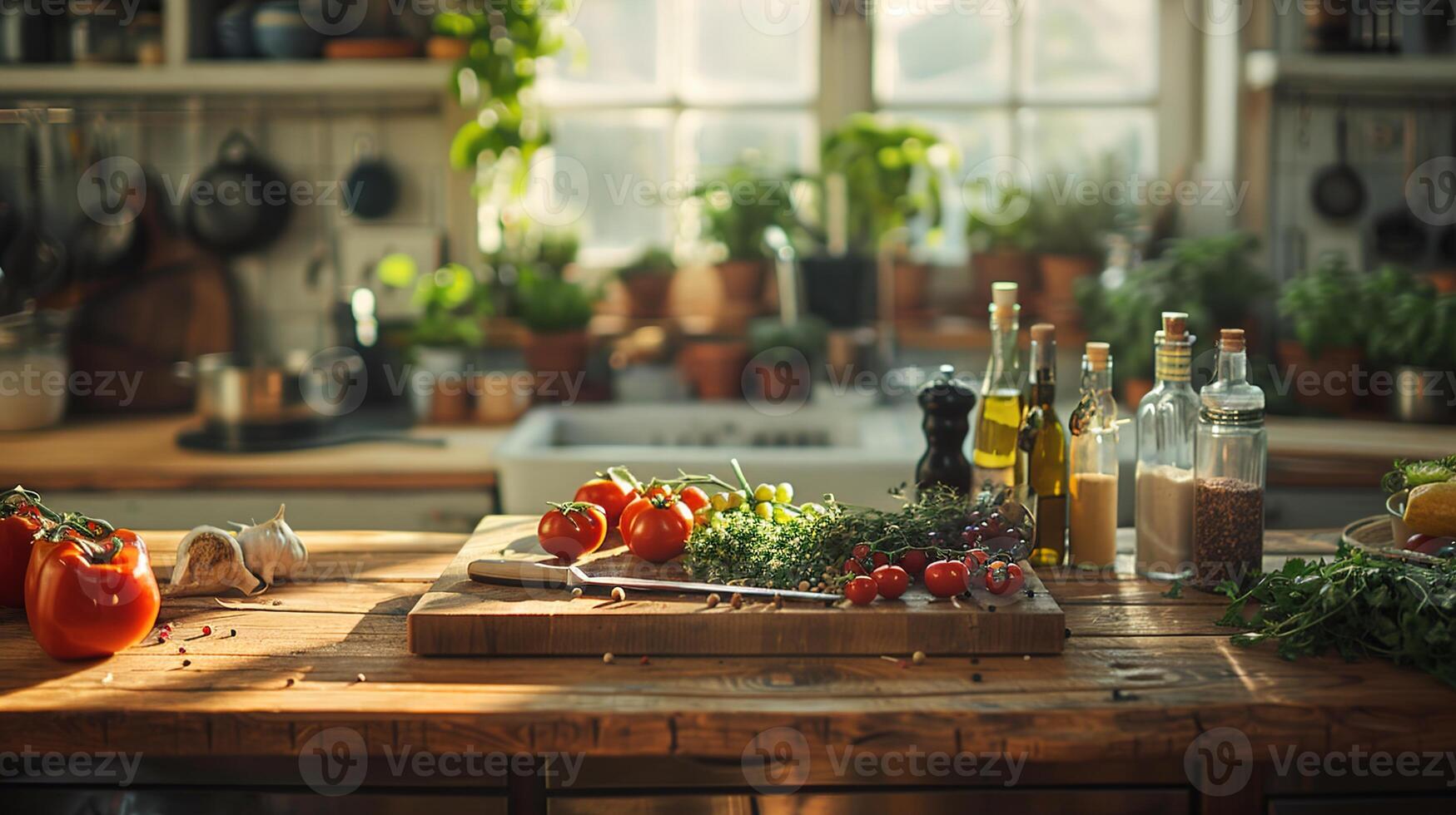 ai genererad kök förberedelse för kulinariska förträfflighet, en trä- tabell uppsättning med färsk Ingredienser och verktyg redo för en matlagning demonstration eller recept presentation. foto