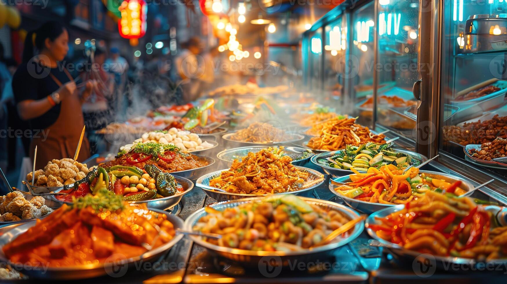 ai genererad smak av Asien på de natt marknadsföra, vibrerande scen med olika asiatisk gata livsmedel från miljömedvetna säljare, betona traditionell och modern smaker. foto