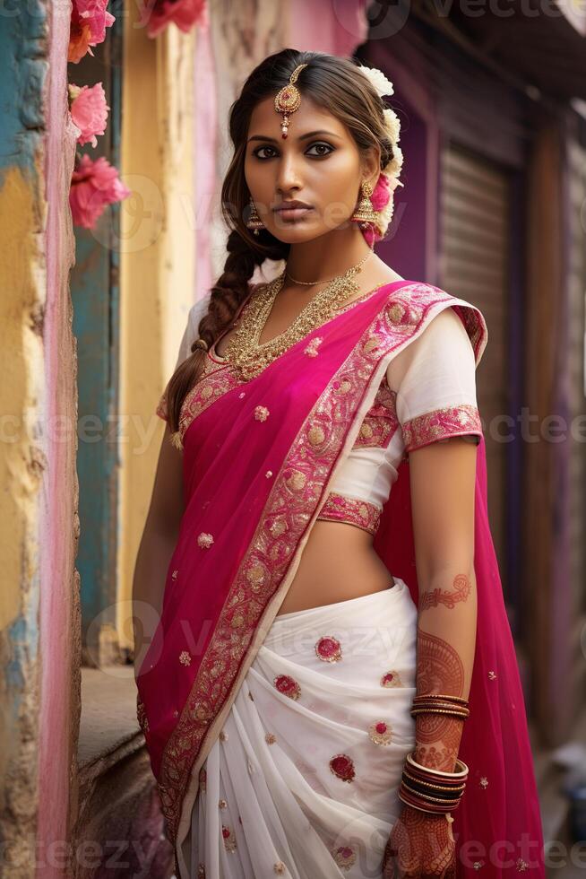 ai genererad en Söt brud lutande mot en vägg med de klänning draperad tvärs över henne axlar, vibrerande traditionell klädsel, hindu konst och arkitektur foto
