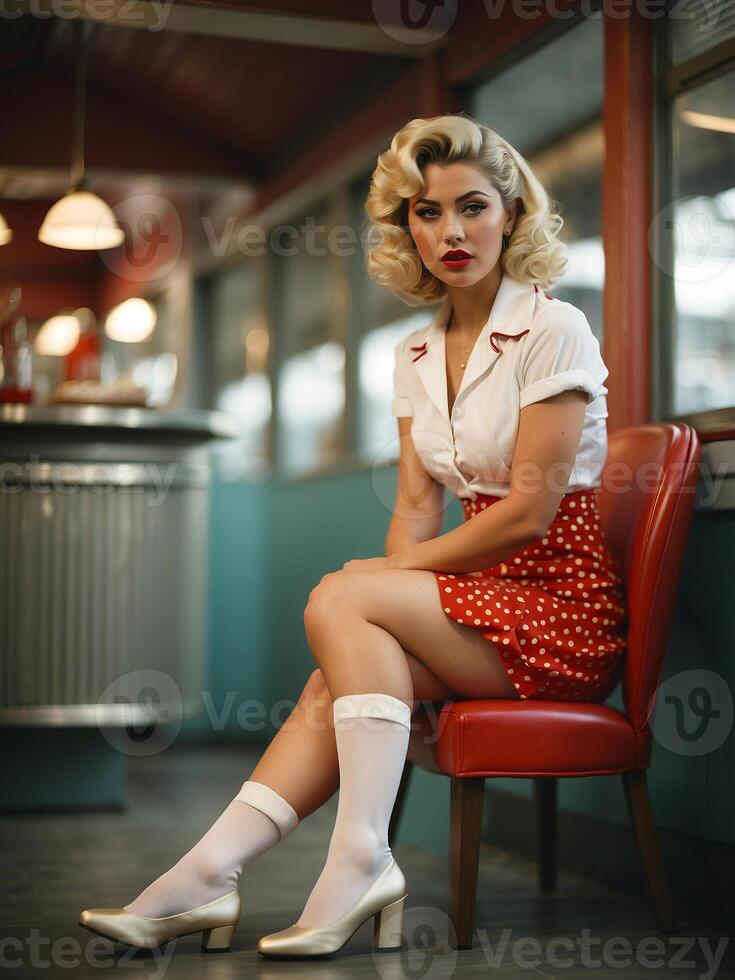 ai genererad en kvinna bär årgång styled vit blus och röd polka punkt kjol, sittande i retro diner bås frammanande 1950 epok, klassisk smink, blond ringlad frisyr, och vit heeled skor foto