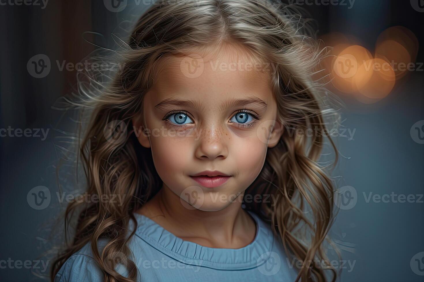 ai genererad en ung flicka med blå ögon och lång hår foto