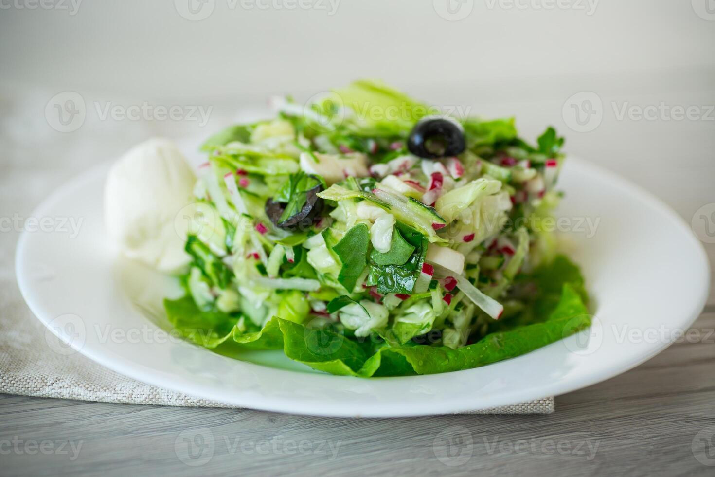 färsk sommar sallad med tidigt kål, gurkor, rädisor och Övrig grönsaker i en tallrik foto